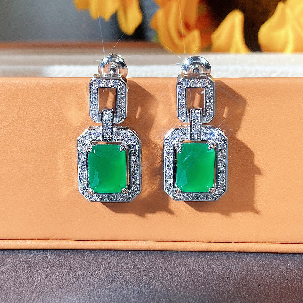 European and American Elements Classic Elegant Rectangular Emerald  Zircon Earrings