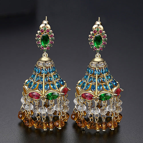 High-Quality Indian Style Earrings Bollywood Inlaid Zircon Luxury Jhumka Jhumki Jumka Earrings-Gold - enjoyinshopping