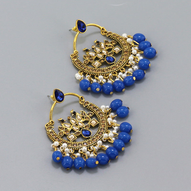 Indian Earrings Traditional Round Beaded Phoenix Earrings Chandali for Wowen-Blue/Red