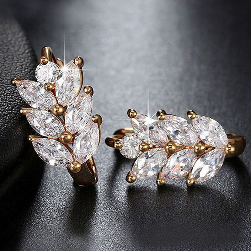 Hot Sale Earrings Fashion Diamond-Embedded Leaf-Shaped Wheat Zircon Daily Wear Stud Earring