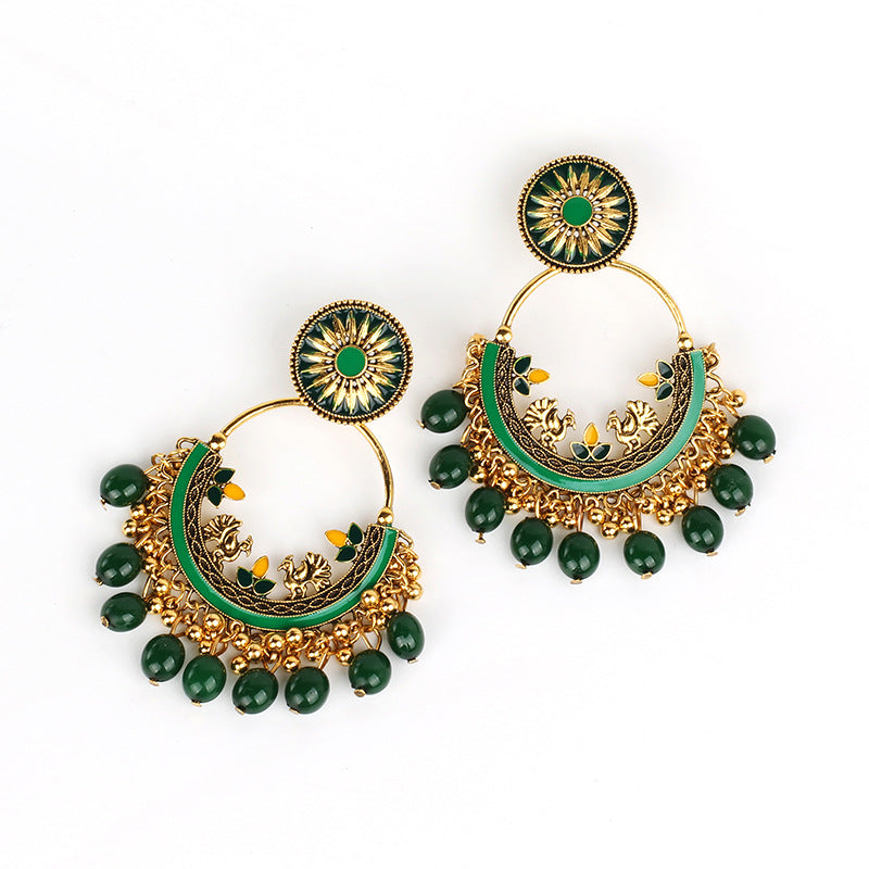 Indian Earrings Traditional Round Beaded Oil dripping Flower Earrings Chandali for Wowen-Green/Pink