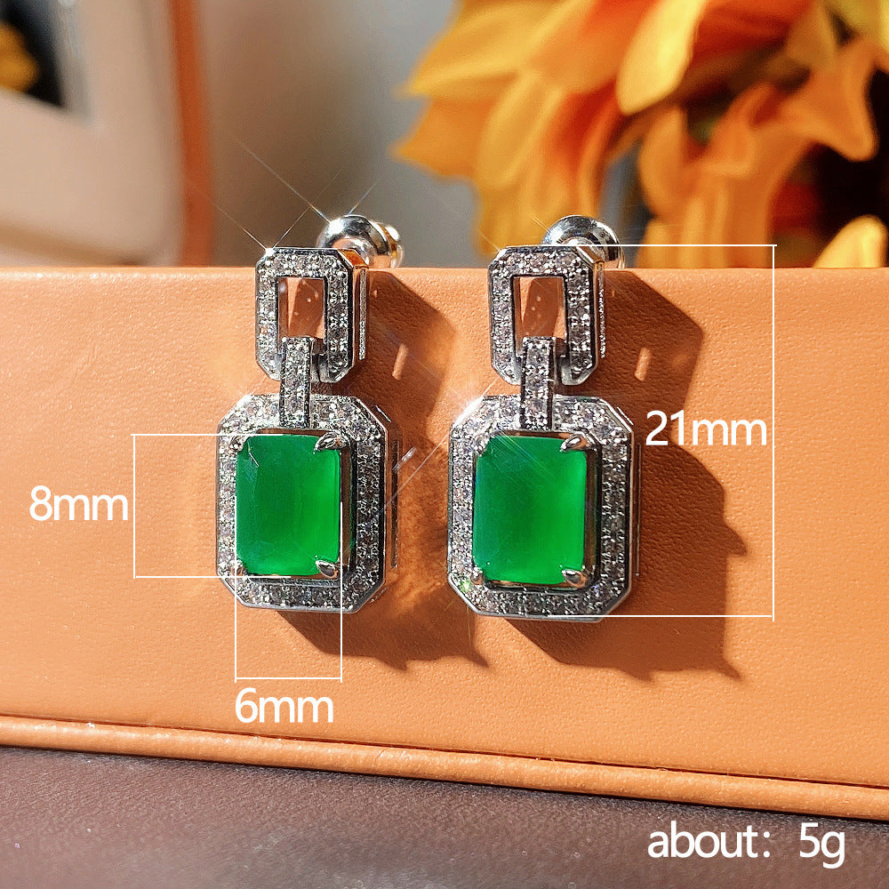 European and American Elements Classic Elegant Rectangular Emerald  Zircon Earrings