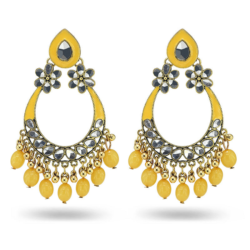 Indian Earrings Traditional Round Beaded Oil Dripping Flower Earrings Chandali for Wowen-Black/Yellow