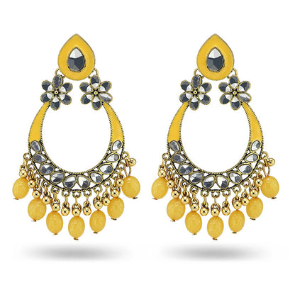 Indian Earrings Traditional Round Beaded Oil Dripping Flower Earrings Chandali for Wowen-Black/Yellow