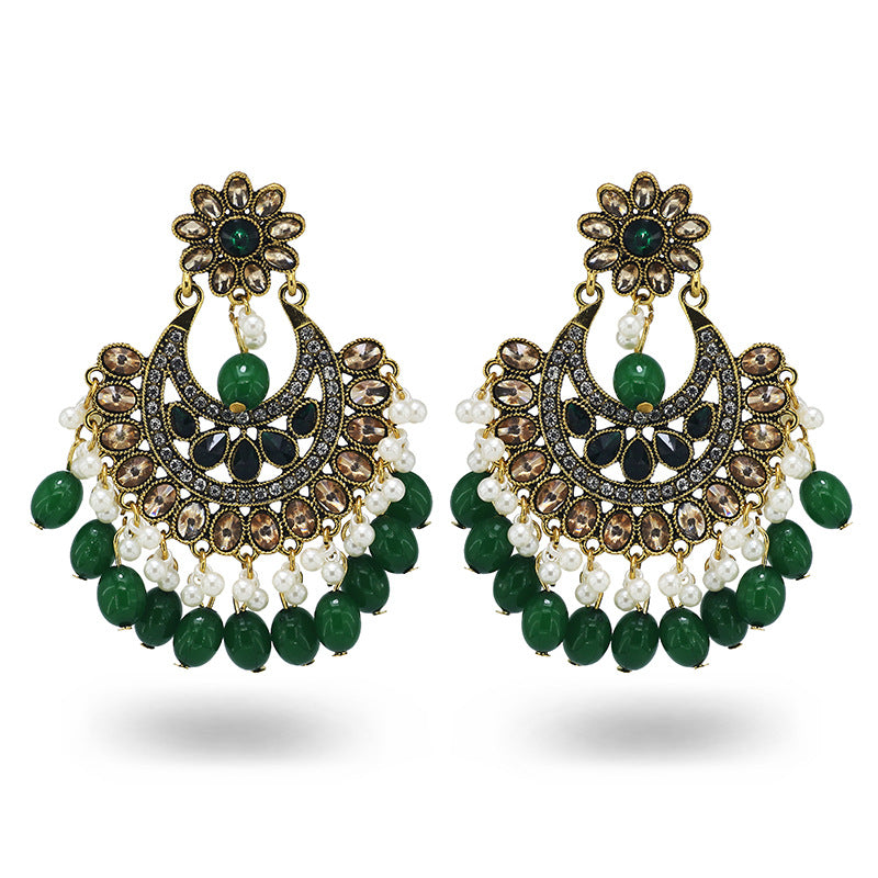 Indian Earrings Beaded Flower Chandali Earrings for Wowen-Green/Grey - enjoyinshopping