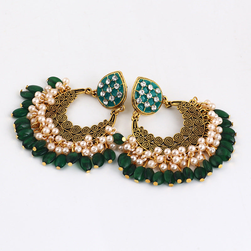 Indian Earrings Traditional Round Beaded Earrings Chandali for Wowen-Black/Green - enjoyinshopping