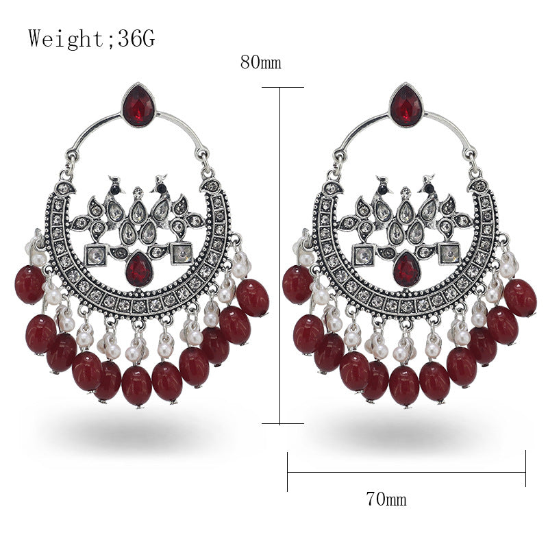 Indian Earrings Traditional Round Beaded Phoenix Earrings Chandali for Wowen-Blue/Red