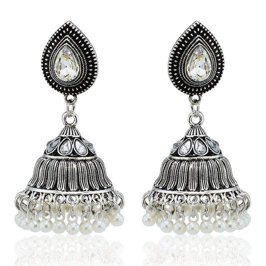 Indian Earrings Traditional Pearl Beaded Earrings Jhumka Jhumki Jumka for Wowen-Silver - enjoyinshopping