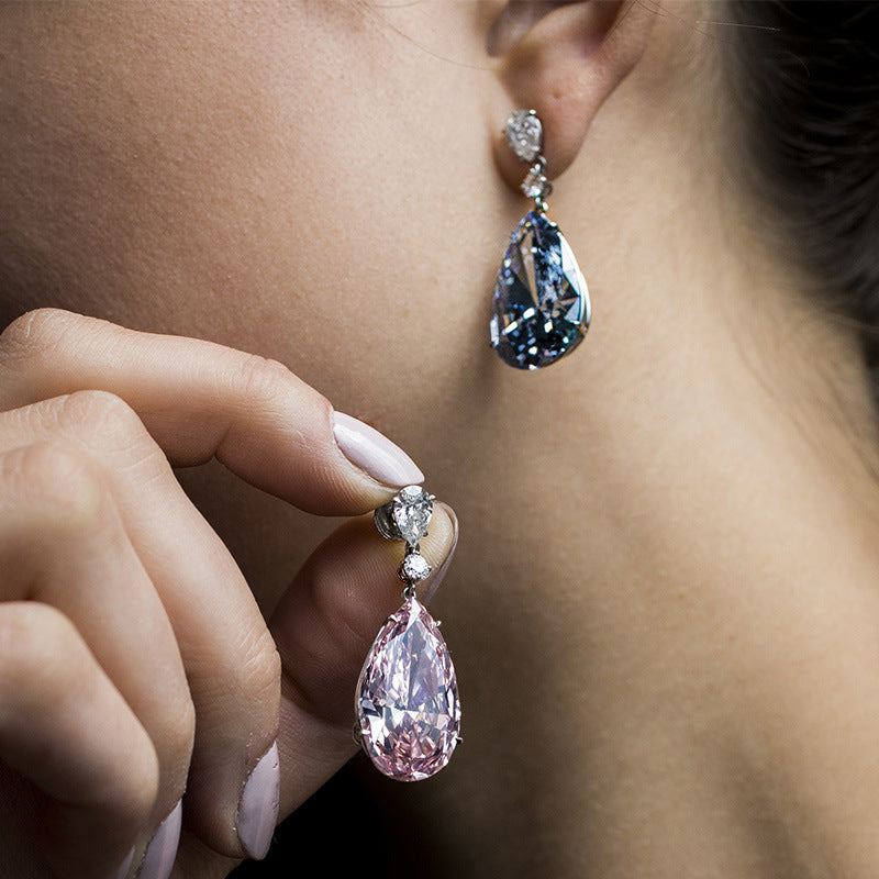 \European and AmericanElegant Pink Diamond Pear-Shaped Water Drop Earrings