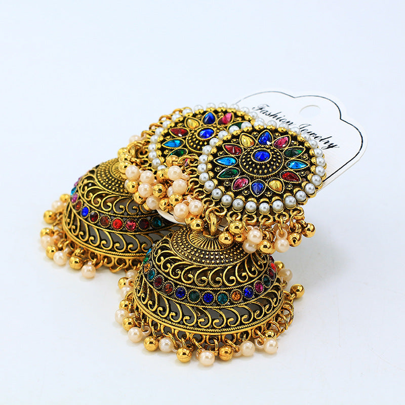 Indian Earrings Traditional Ethnic Sun Flower Pearl Golden Oxidized Long Jhumka Jhumki Jumka Earrings for Wowen-Gold - enjoyinshopping