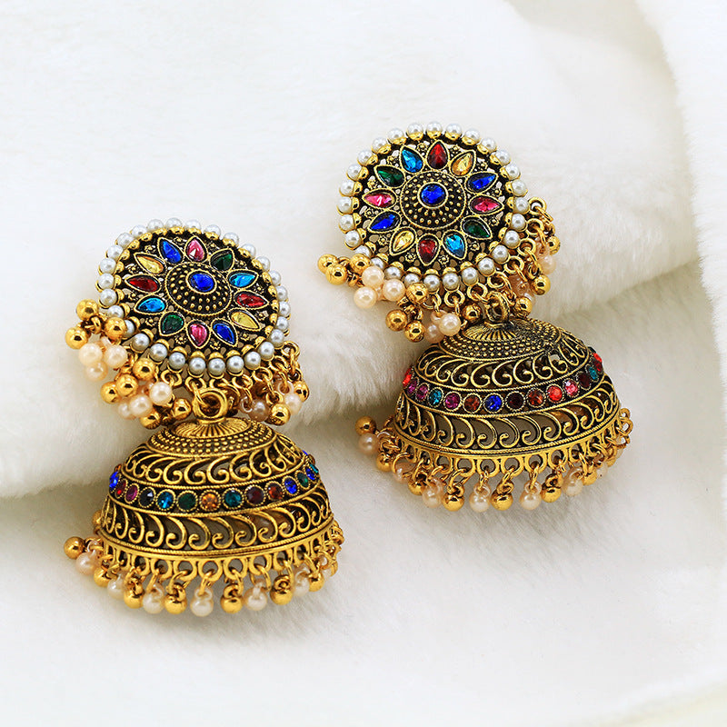 Indian Earrings Traditional Ethnic Sun Flower Pearl Golden Oxidized Long Jhumka Jhumki Jumka Earrings for Wowen-Gold - enjoyinshopping